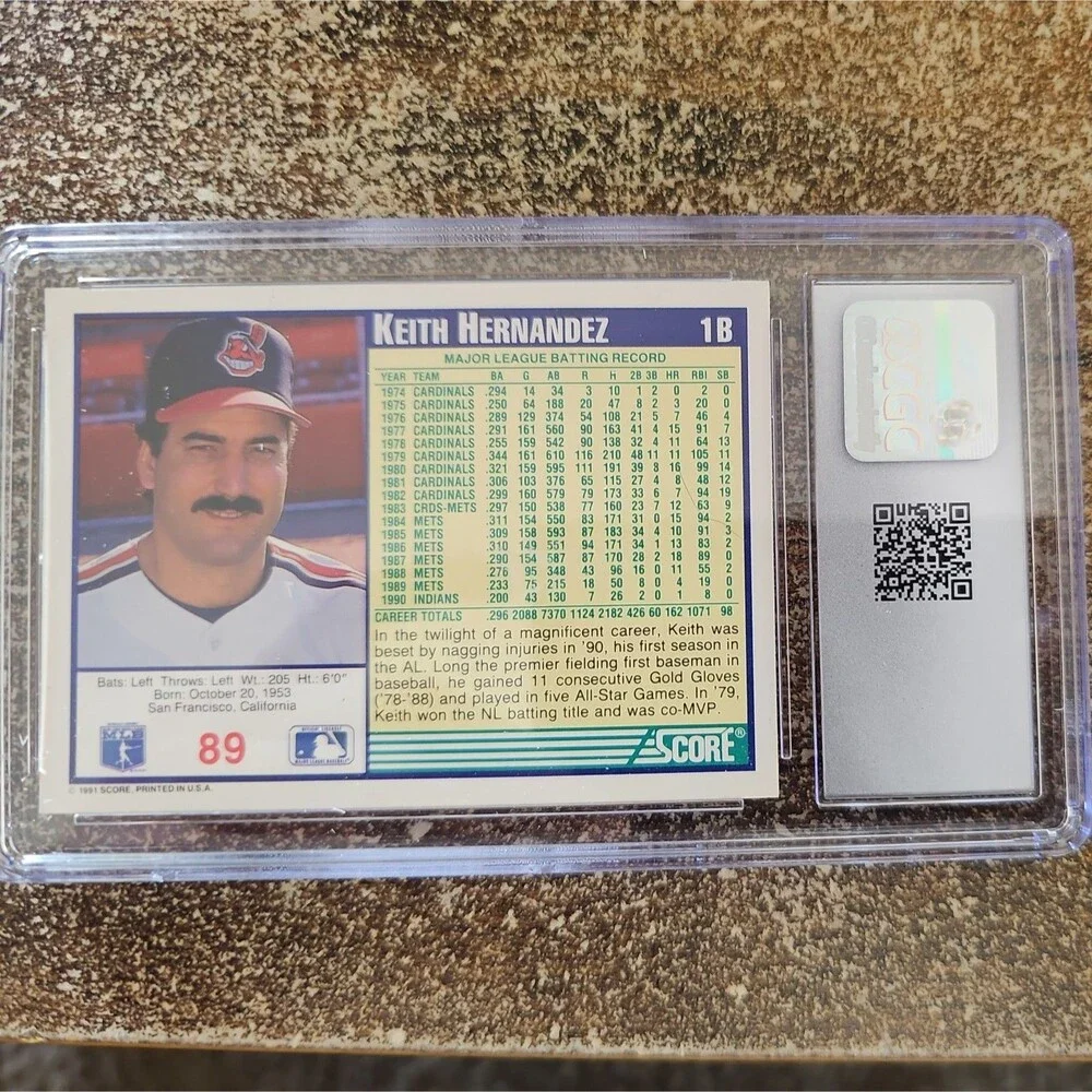 1991 Score Keith Hernandez #89 Indians CGC 7.5 NM+ Graded